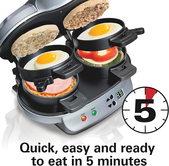 Hamilton Beach Dual Breakfast Sandwich Maker with Timer, Ready in 5 Minutes, Removable Dishwasher Safe PFAS-Free Non-Stick Egg Cooker Ring, Silver (25490MNA)