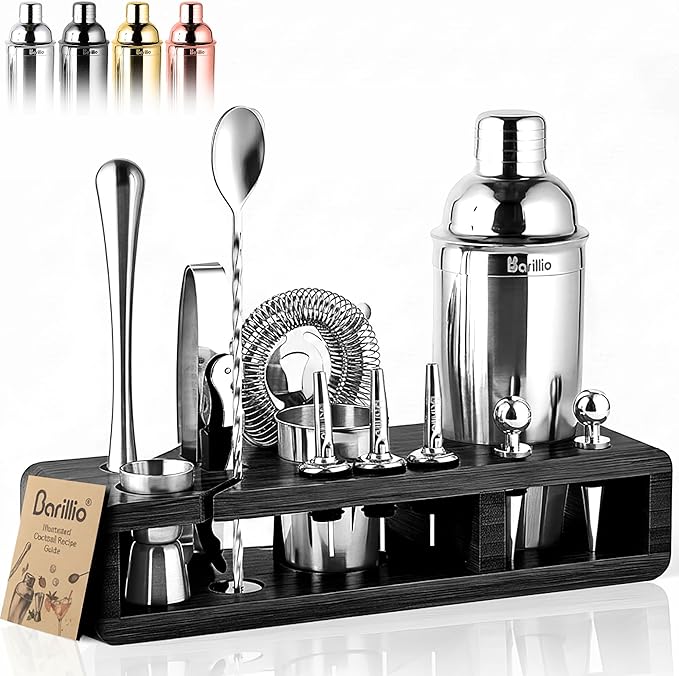 Barillio Silver Bartender Kit - Stainless-Steel Cocktail Shaker Set w/Black Bamboo Stand - Mixology Bar Tools w/Drink Shaker, Mixer & Muddler for Cocktails - Home Bar Accessories - 23-Pc Bar Set