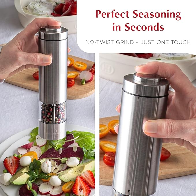 Electric Salt and Pepper Grinder Set - Battery Operated Stainless Steel Mill with Light (2 Mills) - Automatic One Handed Operation - Electronic Adjustable Shakers - Ceramic Grinders