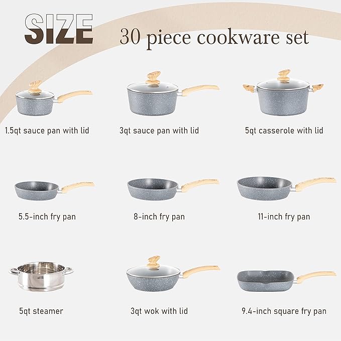Kitchen Academy Induction Cookware & Bakeware Set - 30 Piece Grey Granite Cooking Pans Set, Non Toxic Pots and Pans Set Non Stick