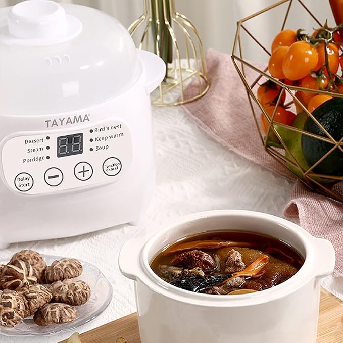 TAYAMA 1 Qt. White Mini Ceramic Stew Cooker with Pre-Settings and Built-In Timer, Small