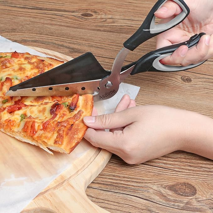 Asdirne Pizza Scissors, Pizza Cutter with Shovel, Food-Grade Sharp Stainless Steel Blade and Soft Grip Handle, Multifunctional Kitchen Scissors, 27cm, Black/Grey