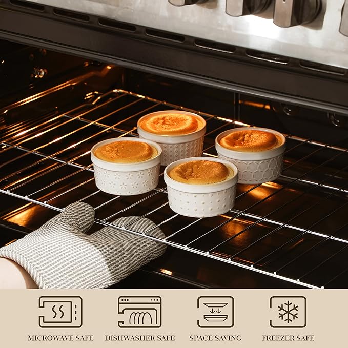 MALACASA Ramekins 6 Oz Oven Safe, Ceramic Creme Brulee Souffle Dishes, Pudding Custard Cups Ramekin For Baking, Small Dipping Sauce Bowls, Set of 4, Microwave and Dishwasher Safe, Arctic White