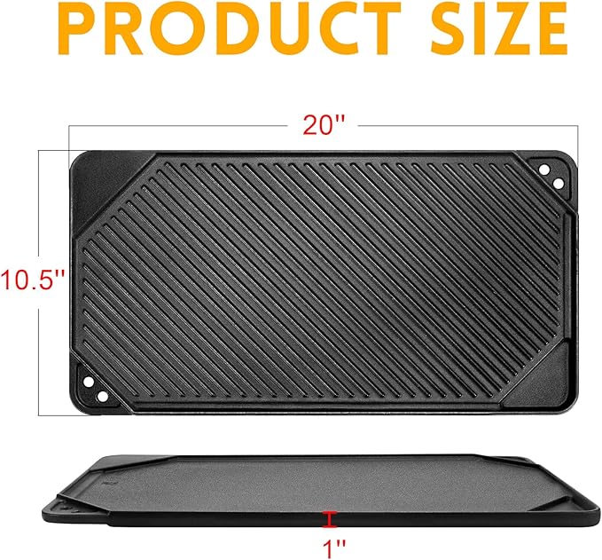 GGC Cast Iron Reversible Griddle, Double-sided Griddle pan for Indoor and Outdoor Cooking, 20 x 10.5 Baking Flat and Ribbed Griddle Plate for Stove Tops, Gas Grills and Camping