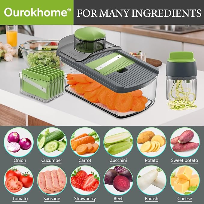 Ourokhome Mandolin Slicer with Handheld Spiralizer, Hand Safe Vegetable Shredder with 6 Mandoline Blades, Veggie Waffle Cutter for Potato, Carrot, Zucchini, Essential Kitchen Gadgets (10 in 1, Gray)