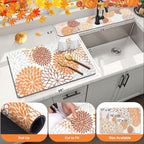 Findosom 2PCS 12" x 20" Fall Dish Drying Mat & 24" x 5.5" Sink Splash Guard, Super Absorbent & Cuttable Dish Mat Drying Kitchen Mat with Orange Floral, Hide Stain Drying Mat for Kitchen Counter