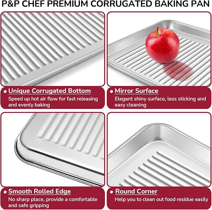 P&P CHEF 9 x 7 x 1 Inch Mini Toaster Oven Pan, Stainless Steel Small Baking Pan Oven Tray for Cooking & Roasting, Corrugated Bottom, Healthy & Sturdy, Dishwasher Safe - 1Pc