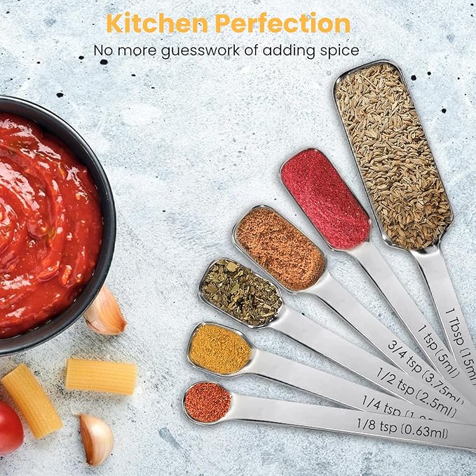 Stainless Steel Measuring Spoons Set of 14 with Leveler, Rectangular Teaspoon & Tablespoon Measuring Spoons for Dry & Liquid Ingredients, Slim Design Fits in Spice Jars