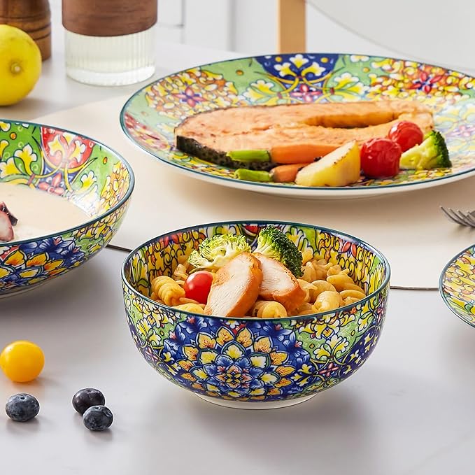 vancasso 24 Pieces Dinnerware Sets, Plates and Bowls Set, Porcelain Dishes Set for 6, Microwave and Dishwasher Safe, Scratch Resistant, Bohemian Style Dining Ware Service for 6, Series SIMI