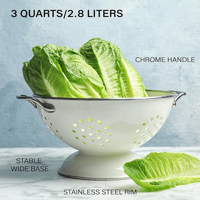 Reston Lloyd, 3 Quart Powder Coated Steel Kitchen Strainer Basket for draining Pasta, Vegetable and Fruit, Chrome Handles and Wide Stable Base, Magenta