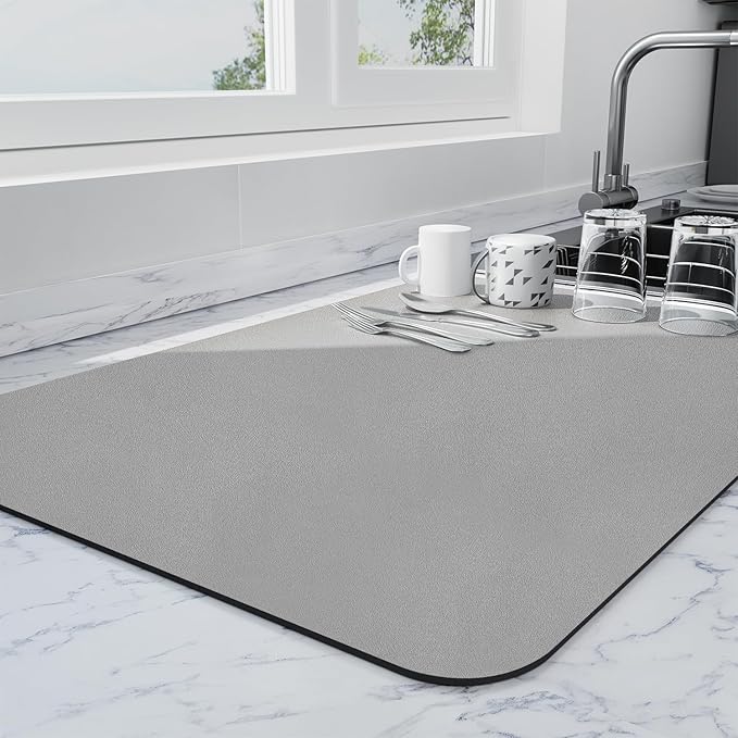 Ecotrim - Dish Drying Mat for Kitchen Counter | Coffee Bar Mat for Countertops | Heat Resistant Drainer Mat with Non-slip Rubber Backed | Hide Stain Kitchen Absorbent Draining Mat | Grey 18"x32"