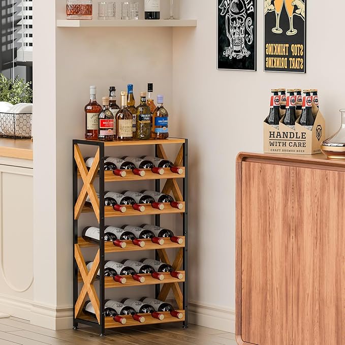 20 Bottle Wine Rack Freestanding Floor with Wood Top,Wobble-Free 5 Tier Wine Display Storage Stand Shelf,Stackable Modular Wine Bottle Holder Rack for Kitchen,Cellar,Living Room