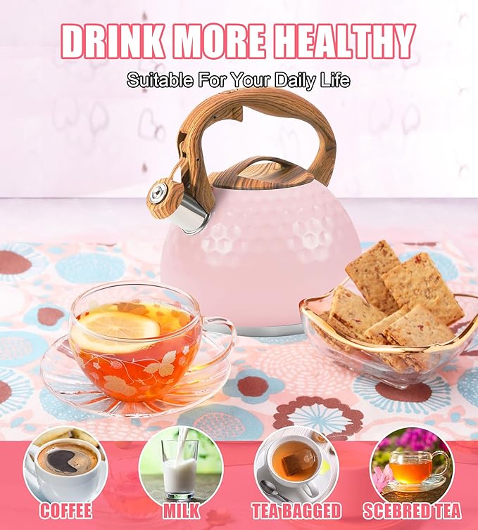 Whistling Tea Kettle,3.2Qt Stainless Steel Stove Kettle, Food Grade Teapot with Wood Pattern Handle for Coffee, Milk etc, Gas Electric Applicable (Pink)