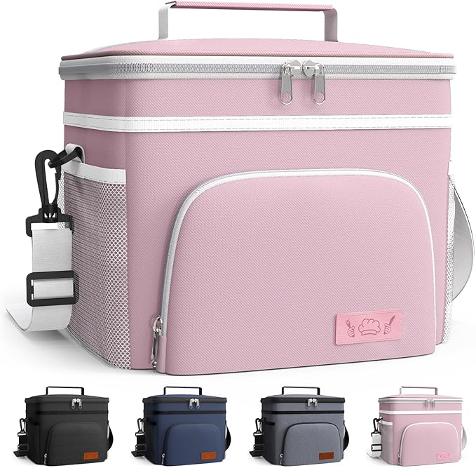 HOTOR Insulated Lunch Box for Men & Women - Leak-Proof Cooler Lunch Bag with 4 Pockets, Adjustable Strap, Ideal for Work, Picnic, Travel - Medium, Light Pink, 10.2"×6.9"×8.5"