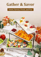 Yedio 3 Tiered Serving Stand, Foldable Rectangular Food Display Stand with White Platters - Serving Trays, Dessert Display Server for Brithday Party, Valentine's Day and Events