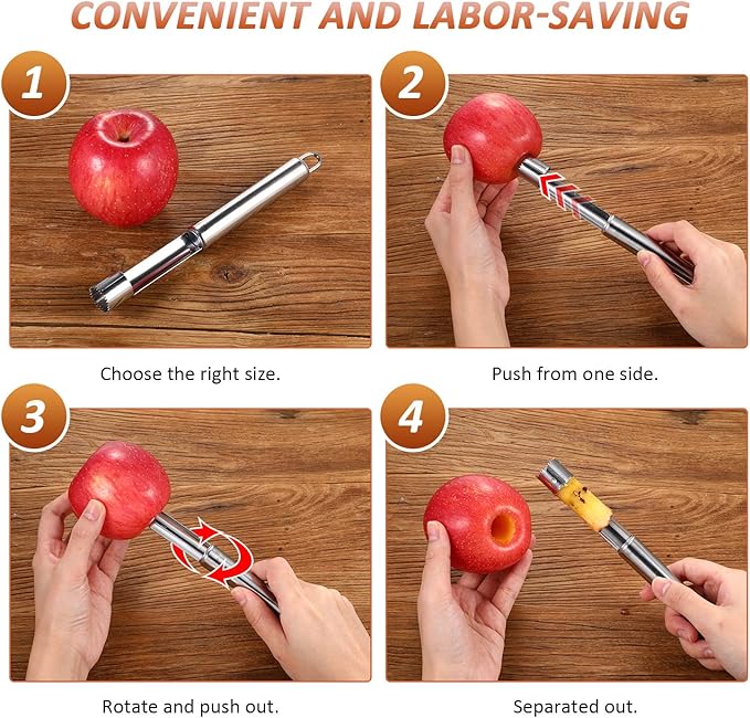 4 Pieces Multi Function Fruit Corer and Pitter Remover Set Stainless Steel Pear Corer Pitter 4 Sizes for Home Kitchen, Pear, Cherry, Jujube and Red Date