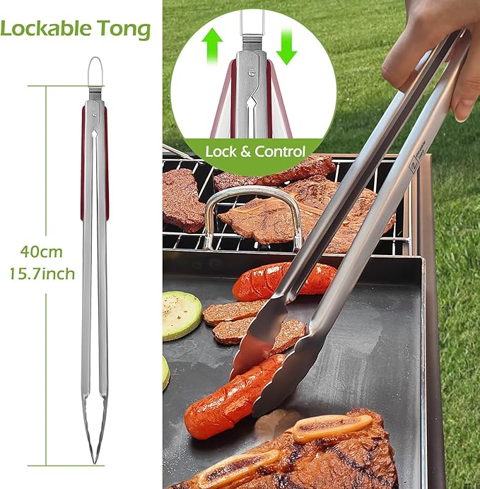 Double Two 4-Piece Stainless Steel BBQ Tool Set - Tong, Fork, Spatula, Brush - Utensils for Grill - Tools for Outdoor Grilling- BBQ Kits