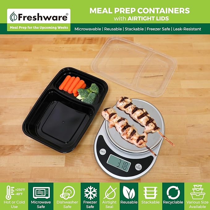 Freshware Meal Prep Containers [50 Count ] 2 Compartment with Lids, Food Storage Containers, Bento Box, BPA Free, Stackable, Microwave/Dishwasher/Freezer Safe (28 oz)
