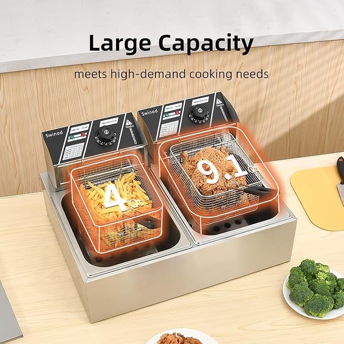Commercial Deep Fryer with Baskets, 3400W 12.7QT/12L Thickened Stainless Steel Countertop Electric Oil Fryer, Large Capacity with Temperature Control