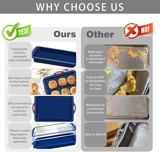 To encounter Silicone Baking Pans Set, 4 Pieces Nonstick Bakeware Set with Baking Pans, Baking Sheets, Cookie Sheets, Cake Pan with Grips and Metal Reinforced Frame More Strength, Navy Blue