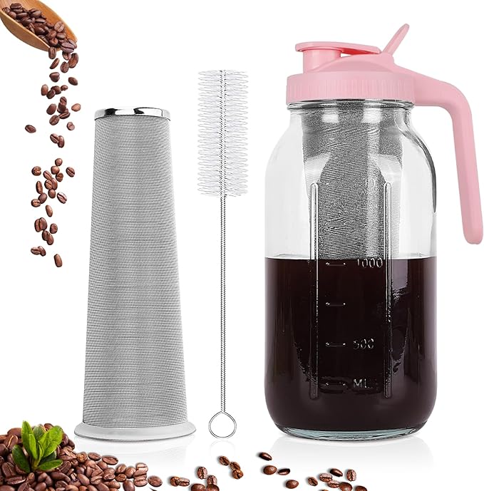 Cold Brew Coffee Maker，64 oz Wide Mouth Mason Jar Pitcher with Stainless Steel Filter, Pour Spout Handle Lid, Heavy Duty Glass Airtight & Leak-Proof for Iced Coffee & Tea Lemonade-Pink