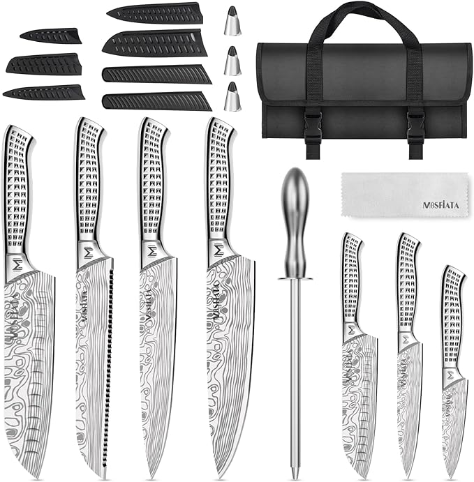 MOSFiATA Kitchen Knife Set, 12 Pcs Japanese Stainless Steel Knife Sets for Kitchen with Oxford cloth storage bag with Knife Sharpening Rod, Dishwasher Safe, For Outdoor