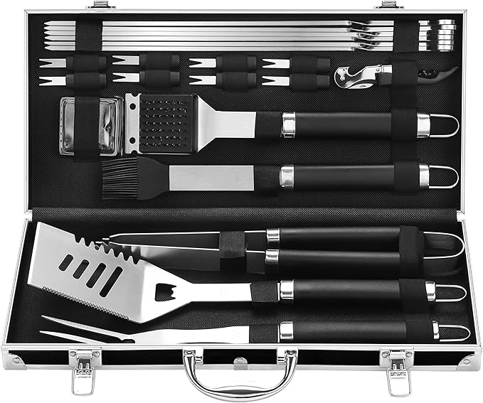 Grilljoy BBQ Accessories Grill Tools Set - 22PCS Stainless Steel Barbecue Grill Accessories for Outdoor Grill with Black Aluminum Case - Christmas Grilling Gifts for Men & Dad -Grill Tools Kit
