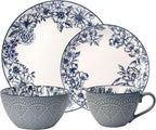 Pfaltzgraff Gabriela Blue 16-Piece Dinnerware Set, Service for 4, Durable Stoneware Plates, Bowls, and Mugs with Elegant Blue Pattern, Dishwasher Safe