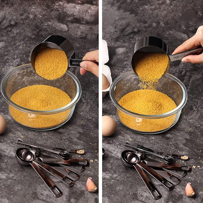 16 Pcs Stainless Steel Measuring Cups and Measuring Spoons Set, Heavy Duty Metal Measuring Cups and Scoops for Kitchen Cooking Baking Includes 5 Cups, 6 Tbsp Tsp Spoons & 5 Mini Spoons(BLK)
