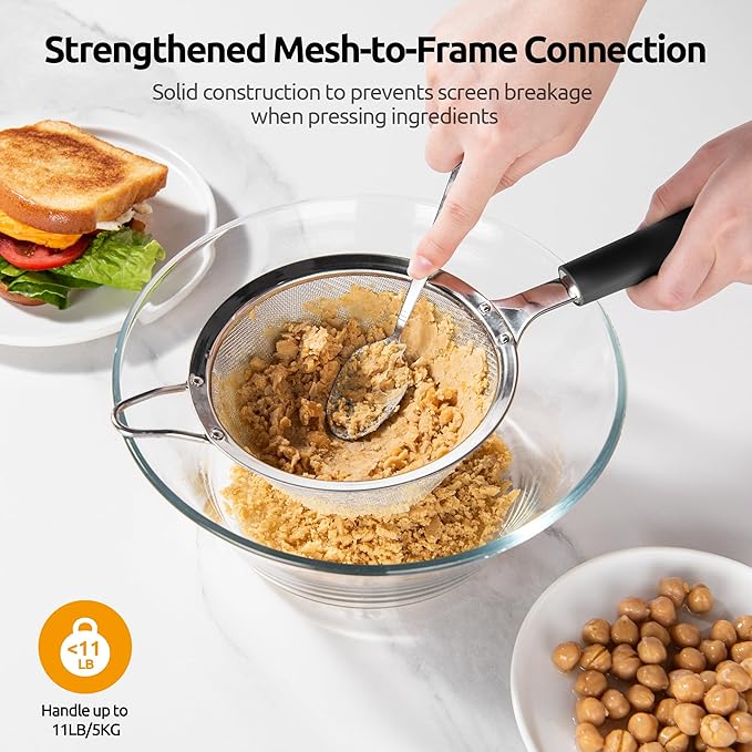 U-Taste Medium Fine Mesh Strainer: 18/8 Stainless Steel 4.73in 30 Mesh Kitchen Food Sieve with Sturdy Riveted Silicone Handle, Heavy Duty Deep Handheld Metal Colander for Rice, Quinoa, Flour (Black)