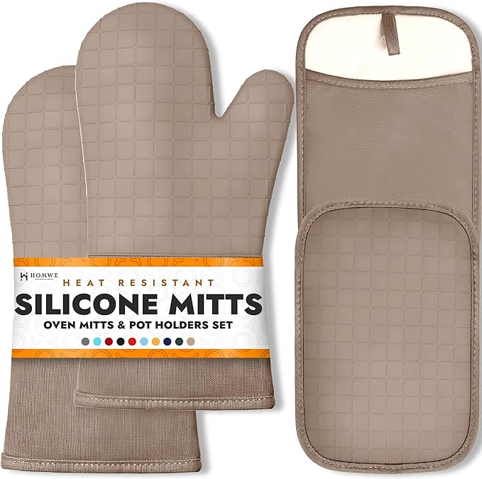 HOMWE Silicone Oven Mitts and Pot Holders, 4-Piece Set, Heavy Duty Cooking Gloves, Kitchen Counter Safe Trivet Mats, Advanced Heat Resistance (Beige, Oven Mitt & Pot Holder)