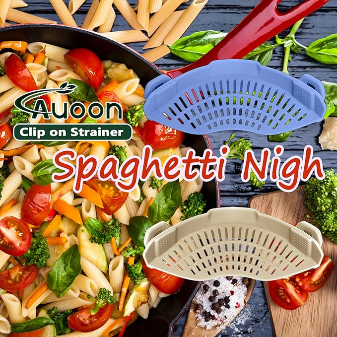 AUOON Clip on Strainer for Pots and Pans - Silicone Food Strainer for Draining Pasta, Spaghetti, Noodles, Fruits, Vegetables, Grease, Ground Beef (Blue Velvet)