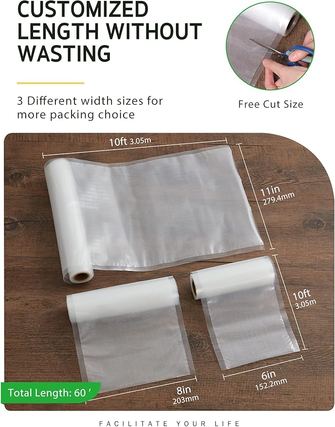 Syntus Vacuum Sealer Bags, 6 Pack 11" x 10' and 8" x 10' and 6" x 10' Commercial Grade BPA Free Bag Rolls, Food Vac Bags for Storage, Meal Prep or Sous Vide
