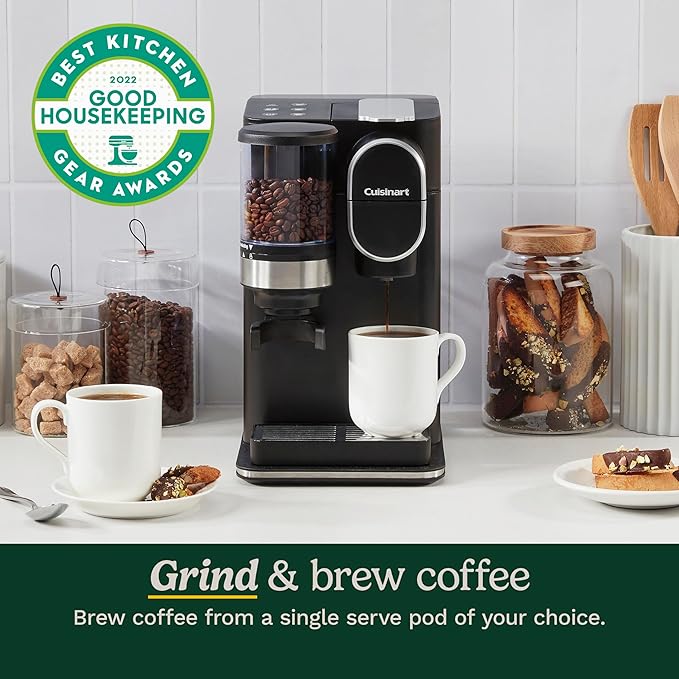 Cuisinart Single-Serve Coffee Maker + Coffee Grinder with 8 oz., 10 oz., and 12 oz. Serving Size, Compatible with Single-Cup Pods, 48-Ounce Removable Reservoir, Stainless Steel, DGB-2