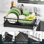 Epicano Dish Drying Rack for Kitchen Counter,Space-Saving Dish Rack,Rustproof Dish Drainer with Utensil Holder and Knife Slots for Sink,Kitchen Drying Rack with Wooden Handle and Cup Holder, Black