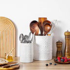 LOVECASA Utensil Holder, 7.2"+5.4" Ceramic Utensil Holder for Countertop, Large Cooking Utensil Crocks for Kitchen Counter, Farmhouse Utensil Vase for Housewarming, Kitchen Decor, Set of 2, Snow