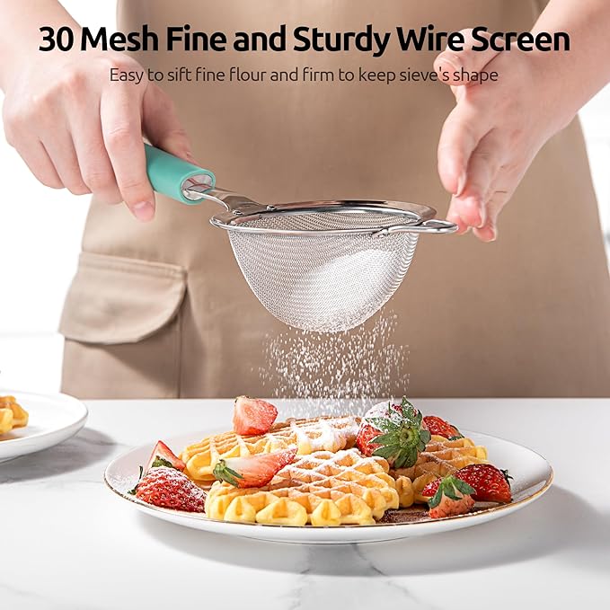 U-Taste Small Fine Mesh Strainer: 18/8 Stainless Steel 3.35in 30 Mesh Kitchen Food Sieve with Sturdy Riveted Silicone Handle, Heavy Duty Deep Handheld Metal Colander for Tea, Juice (Aqua Sky)