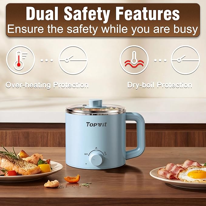 Topwit Hot Pot Electric, Electric Pot, 1.6L Ramen Cooker, Multifunctional Cooker for Pasta, Shabu-Shabu, Oatmeal, Soup and Egg with Over-Heating Protection, Boil Dry Protection, Blue
