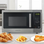 Farberware 0.9 Cu. Ft. Countertop Microwave Oven – 900 Watts Power, Auto Cook Settings, Defrost, Easy Clean and Child Safety Lock - Stainless Steel