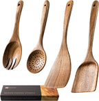 Wooden Spoons for Cooking, Nonstick Cooking Utensil Set with 4 Piece Acacia Wooden Spatulas and Spoons for Cooking, Terrific for Everyday Kitchen Tasks