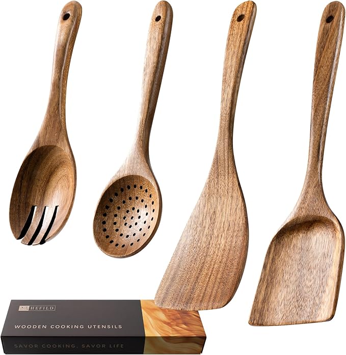 Wooden Spoons for Cooking, Nonstick Cooking Utensil Set with 4 Piece Acacia Wooden Spatulas and Spoons for Cooking, Terrific for Everyday Kitchen Tasks