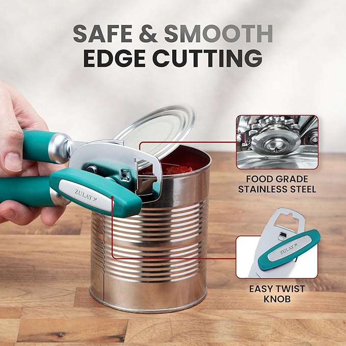 Zulay Kitchen Heavy Duty Stainless Steel Can Opener Manual with Bottle Opener - Rust Proof Manual Can Opener With Turn Knob & Comfy Soft Grip Handles - Emerald