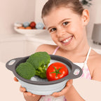 White Round Silicone Collapsible Colander – Silicone Round Kitchen Strainers with Plastic Handles Small Foldable Kitchen Strainer Perfect for Draining Pasta Vegetable and Fruit