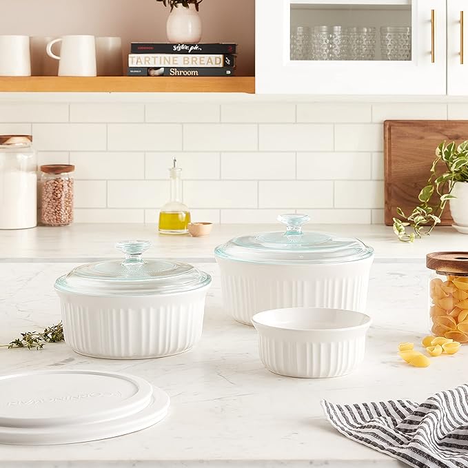 CorningWare French White 7-Pc Ceramic Bakeware Set with Lids Chip and Crack Resistant Stoneware Baking Dish, Microwave, Dishwasher, Oven, Freezer and Fridge Safe