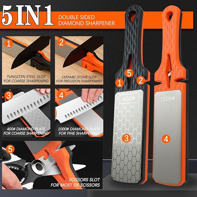Diamond Sharpening Stone,400/1000 Grit Handheld Double-Sided Diamond Sharpener 5 in 1 Honeycomb Surface Knife Sharpener Plate Whetstone with Ceramic & Tungsten Steel Scissor Slot for Kitchen Outdoor