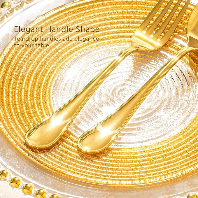 KINGSTONE 60 Piece Teardrop Silverware Set for 12, 18/10 Stainless Steel Flatware Set, Modern Design Cutlery Set for Home/Hotel/Wedding,Mirror Polished and Dishwasher Safe, Gold