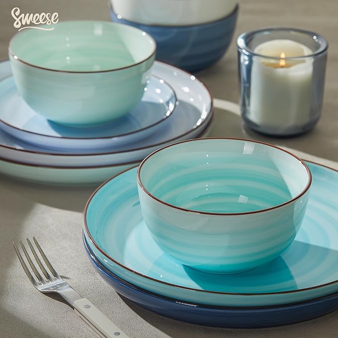 Sweese Plates and Bowls Sets, 18 Piece Dinnerware Set Porcelain Round Dinner Set for 6, Scratch Resistant Dishes Set, Dishwasher and Oven Microwave Safe Handpainted Swirl Dishware Sets, Assorted Blue