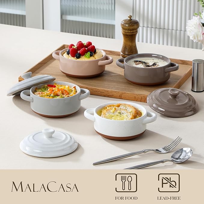 MALACASA Mini Cocotte Set - 12 OZ Small Casserole Dishes for Oven with Lids and Handles, Ramekins Oven Safe, Ceramic Mini Dutch Oven Set of 4, Microwave & Dishwasher Safe, Multicolor, Series TARA
