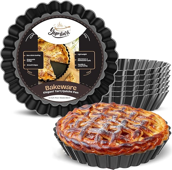 4 Inch Round Tart Pan 8 Pieces, False Bottom Pie Pan, Deep Fluted Tart and Quiche Pan with Removable Bottom - Non-Stick Tart Pan