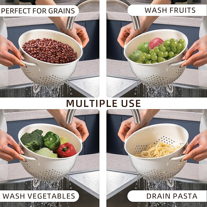 Metal Colander 5 Quart Powder Coated Self-draining Metal Strainer with Base,Kitchen Pasta Fruit Vegetable Basket with Double Handles (Cream)